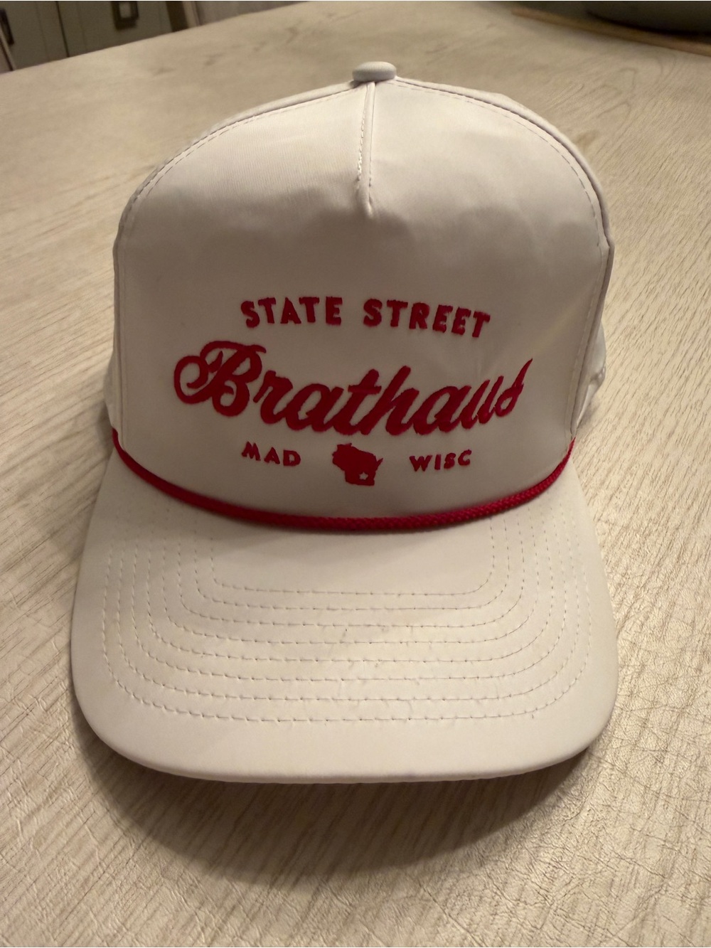 State Street Brathaus Brats White & Red Trucker Hat Madison, WI Badgers